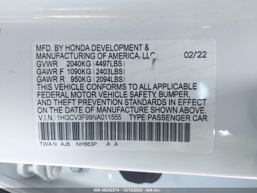 1HGCV3F99NA011555 2022 Honda Accord Hybrid Touring