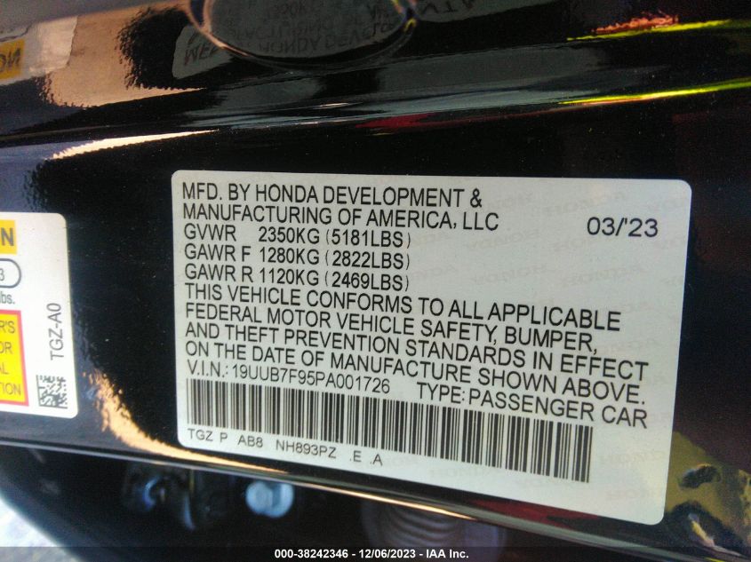 2023 Acura Tlx Type S W/Performance Tire VIN: 19UUB7F95PA001726 Lot: 38242346