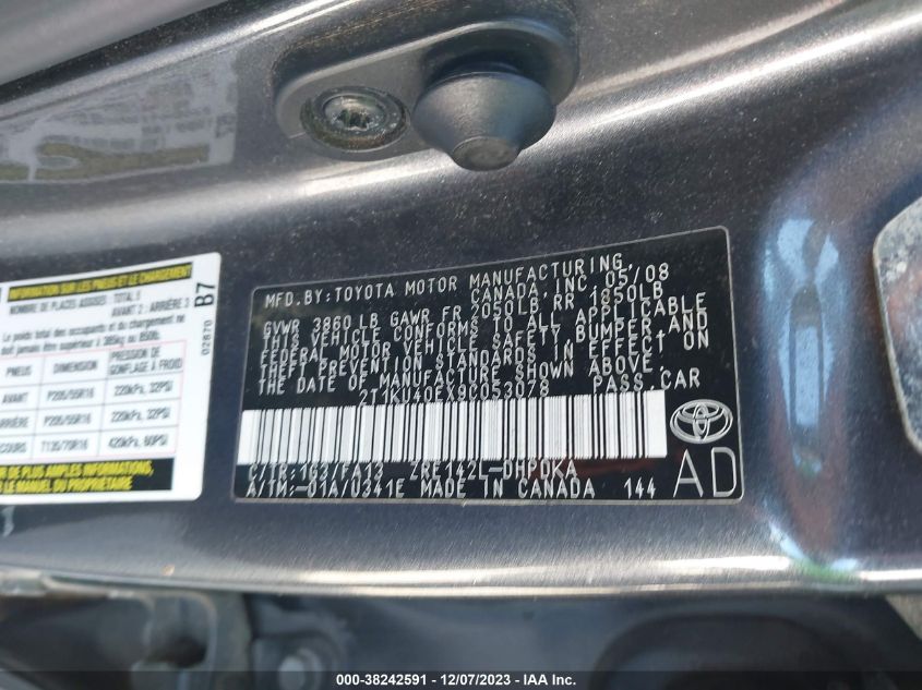 2009 Toyota Matrix VIN: 2T1KU40EX9C053078 Lot: 38242591