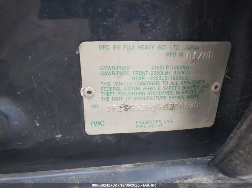 2006 Subaru Forester 2.5X VIN: JF1SG63636G750036 Lot: 38242702