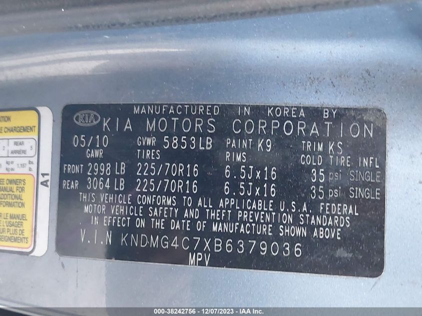 2011 Kia Sedona Lx VIN: KNDMG4C7XB6379036 Lot: 38242756