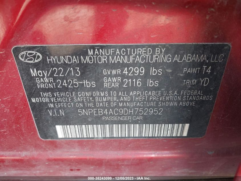 2013 Hyundai Sonata Gls VIN: 5NPEB4AC9DH752952 Lot: 38243099