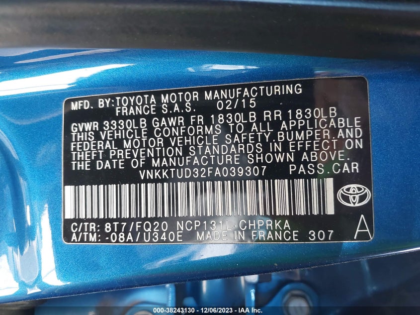 2015 TOYOTA YARIS VIN: VNKKTUD32FA039307