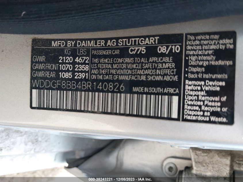 2011 Mercedes-Benz C-Class C 300 VIN: WDDGF8BB4BR140826 Lot: 38243221