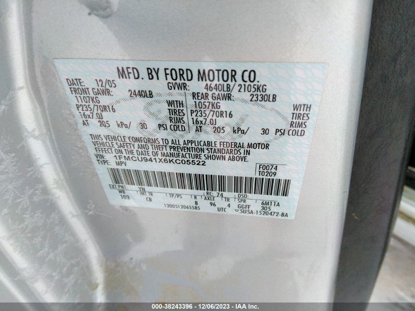 2006 Ford Escape Limited VIN: 1FMCU941X6KC05522 Lot: 38243396