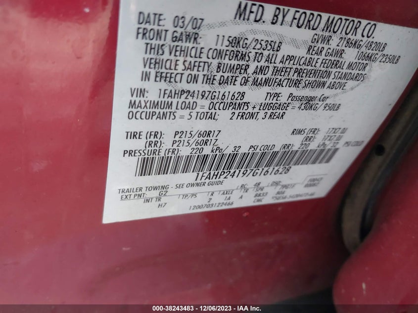 2007 Ford Five Hundred Sel VIN: 1FAHP24197G161628 Lot: 38243483