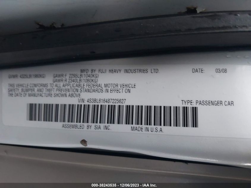 2008 Subaru Legacy 2.5I VIN: 4S3BL616487225627 Lot: 38243535