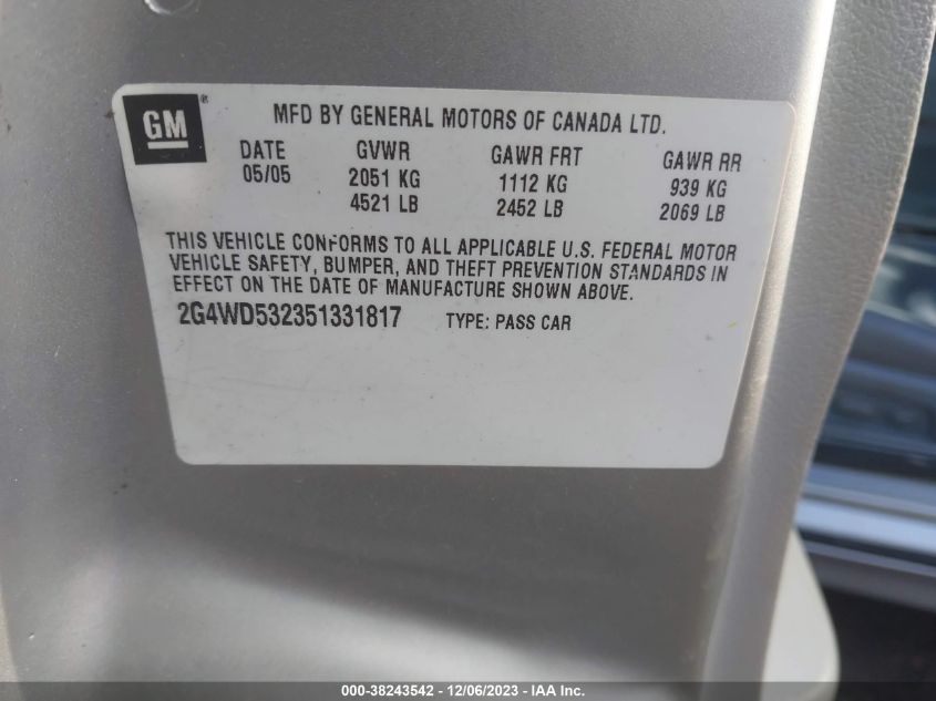 2005 Buick Lacrosse Cxl VIN: 2G4WD532351331817 Lot: 38243542