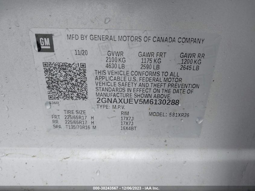 2GNAXUEV5M6130288 2021 Chevrolet Equinox Awd Lt