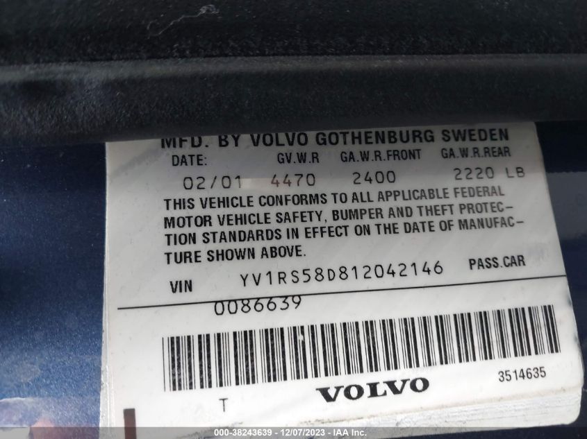 2001 Volvo S60 VIN: YV1RS58D812042146 Lot: 38243639
