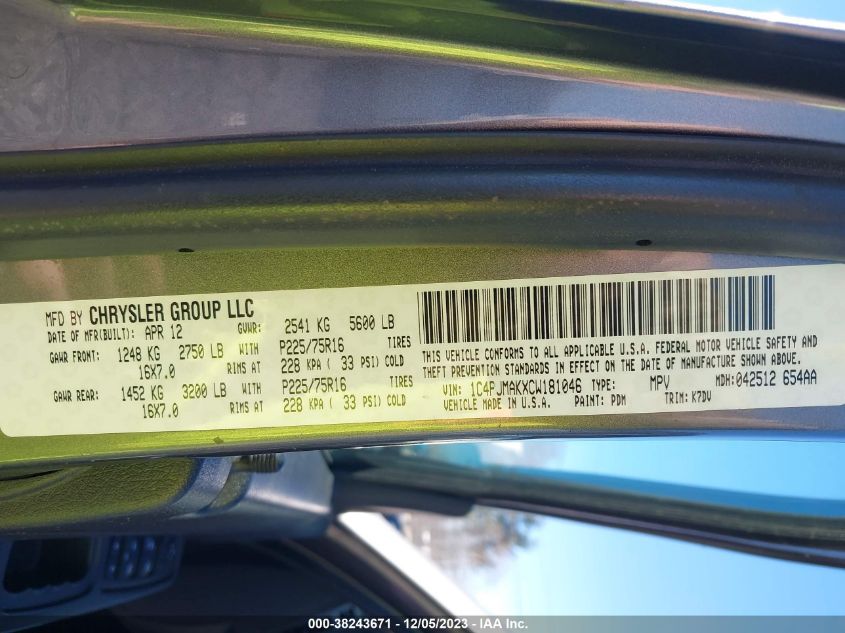 2012 Jeep Liberty Sport VIN: 1C4PJMAKXCW181046 Lot: 38243671