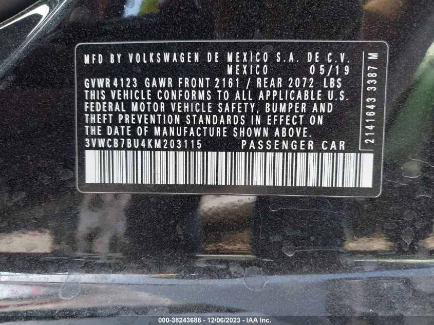 2019 Volkswagen Jetta 1.4T R-Line/1.4T S/1.4T Se VIN: 3VWCB7BU4KM203115 Lot: 38243688