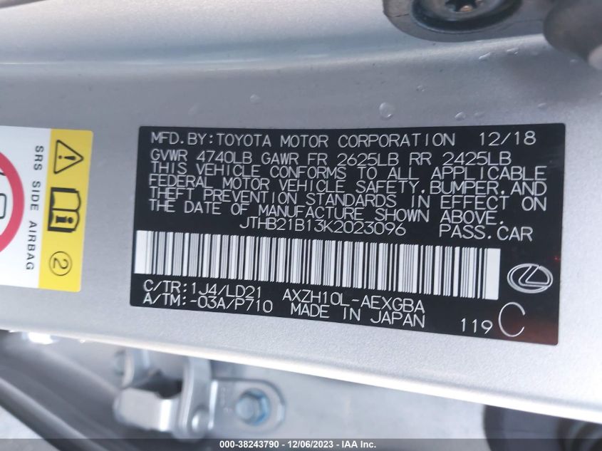 2019 Lexus Es 300H VIN: JTHB21B13K2023096 Lot: 38243790