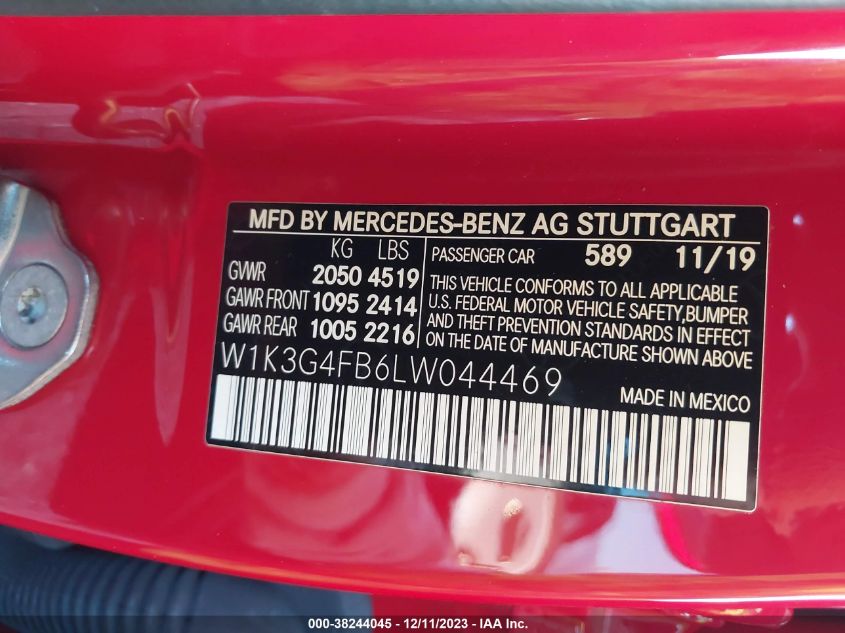 2020 Mercedes-Benz A 220 4Matic VIN: W1K3G4FB6LW044469 Lot: 38244045