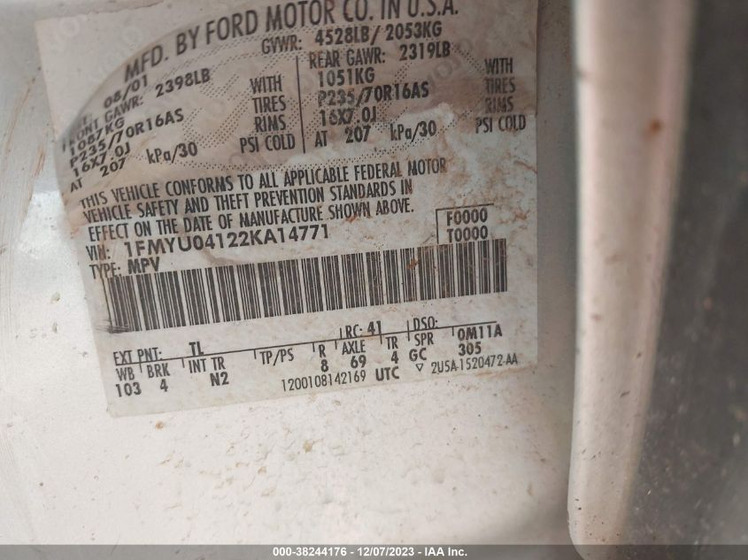 2002 Ford Escape Xlt Choice VIN: 1FMYU04122KA14771 Lot: 38244176