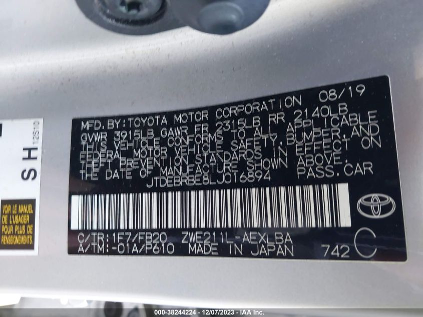 JTDEBRBE8LJ016894 2020 Toyota Corolla Hybrid Le