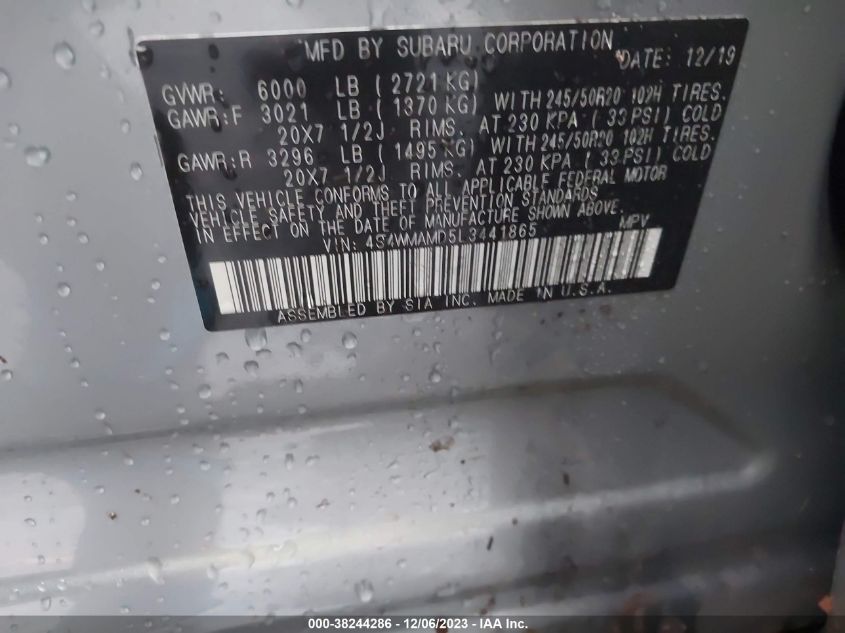 2020 Subaru Ascent Limited VIN: 4S4WMAMD5L3441865 Lot: 38244286