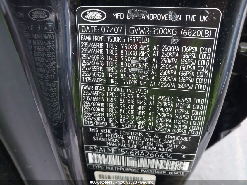2008 Land Rover Range Rover Hse VIN: SALMF15468A266414 Lot: 38244413