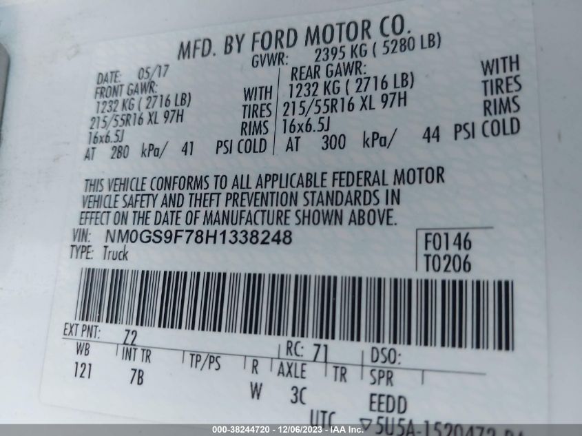 2017 Ford Transit Connect Xlt VIN: NM0GS9F78H1338248 Lot: 38244720