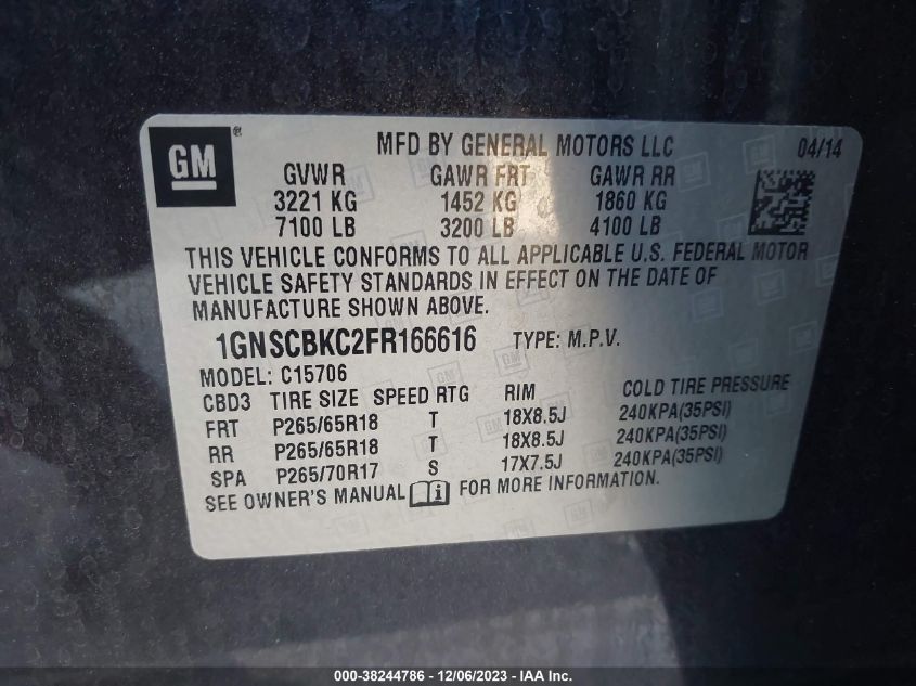 1GNSCBKC2FR166616 2015 Chevrolet Tahoe Lt