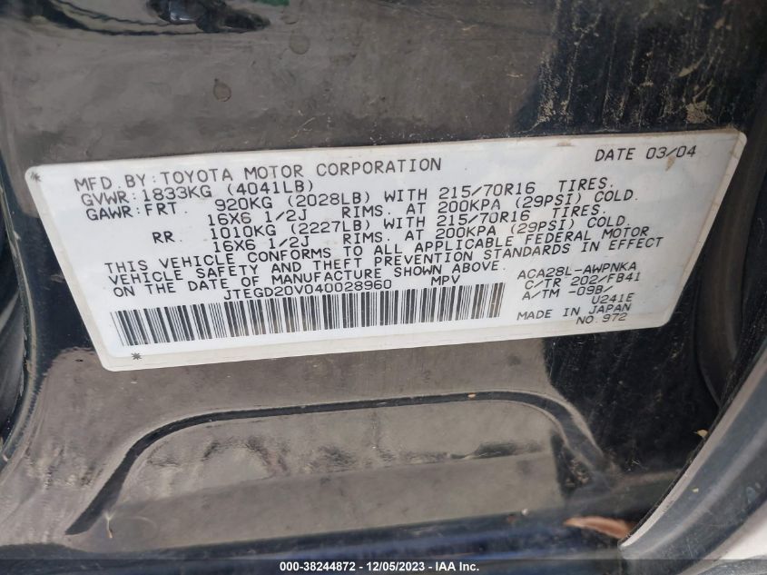 2004 Toyota Rav4 VIN: JTEGD20V040028960 Lot: 38244872