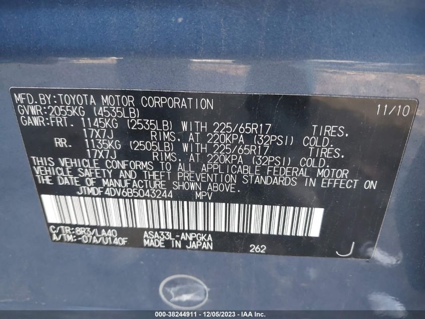 2011 Toyota Rav4 Limited VIN: JTMDF4DV6B5043244 Lot: 38244911