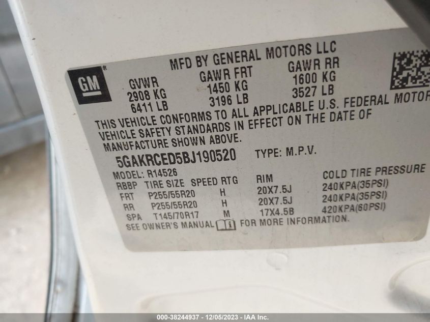 2011 Buick Enclave 2Xl VIN: 5GAKRCED5BJ190520 Lot: 38244937