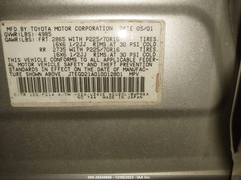 2001 Toyota Highlander Base (A4) VIN: JTEGD21A010012801 Lot: 38244956
