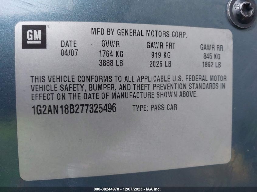 2007 Pontiac G5 Gt VIN: 1G2AN18B277325496 Lot: 38244978
