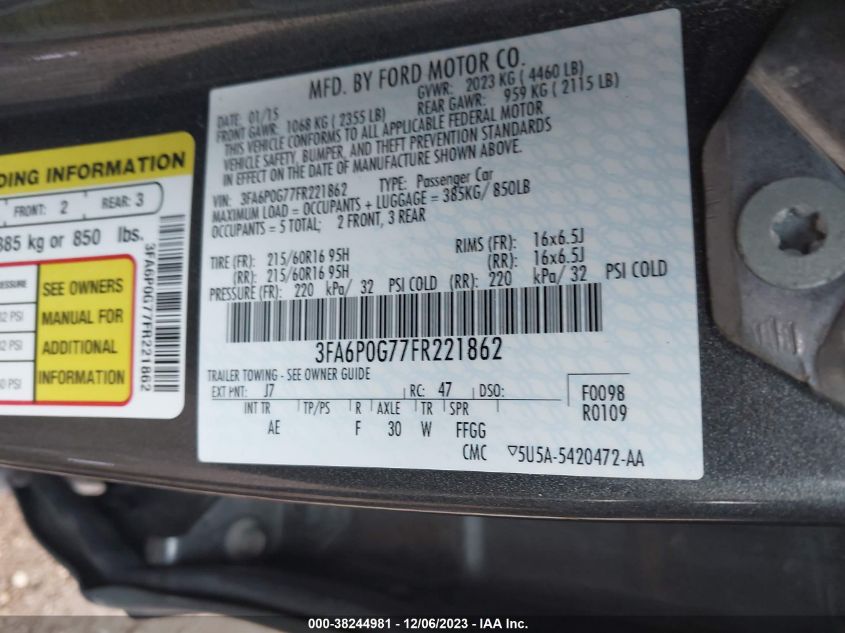 3FA6P0G77FR221862 2015 Ford Fusion S