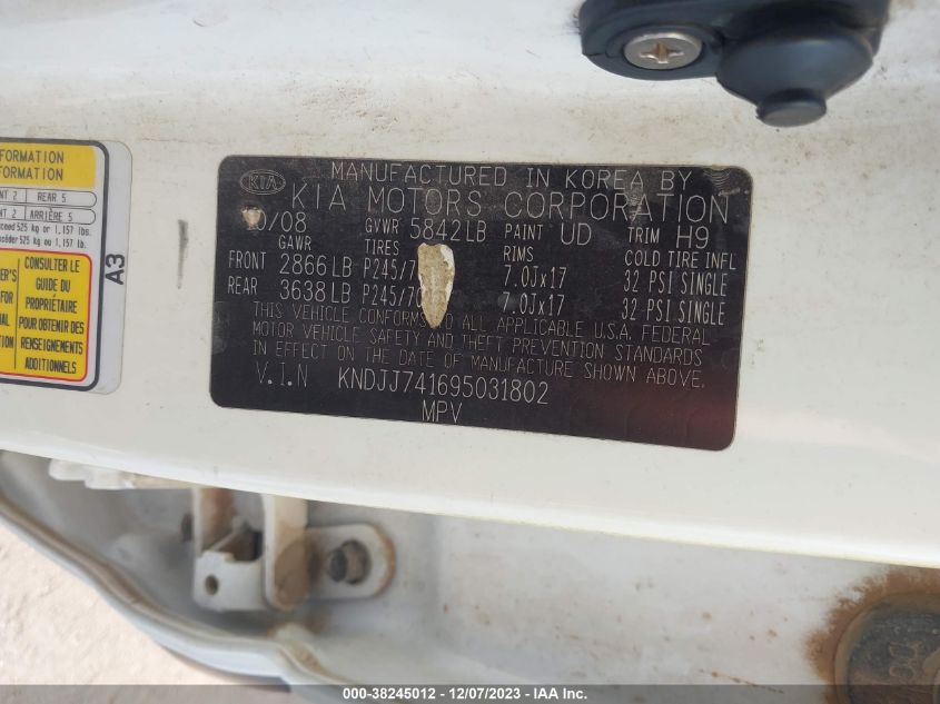 2009 Kia Borrego Ex VIN: KNDJJ741695031802 Lot: 38245012