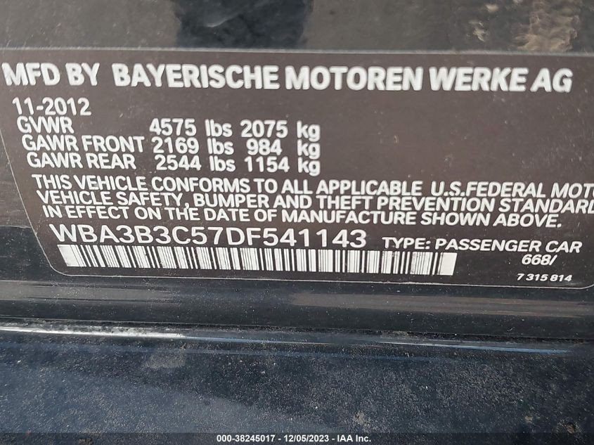 2013 BMW 328I xDrive VIN: WBA3B3C57DF541143 Lot: 38245017