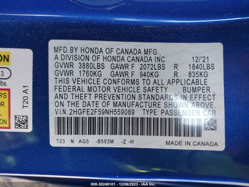 2HGFE2F59NH559089 2022 Honda Civic Sport