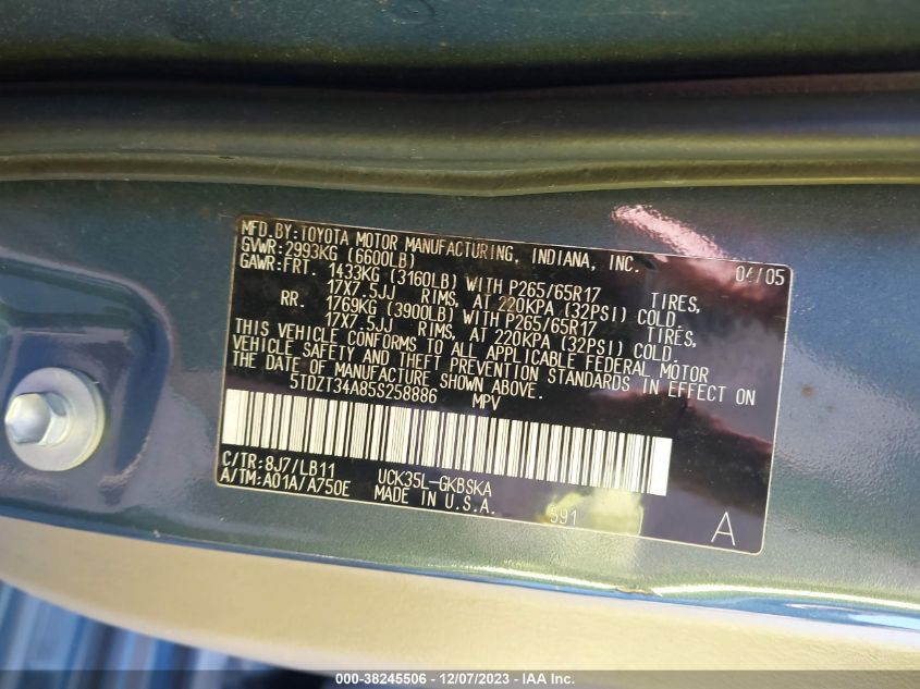 2005 Toyota Sequoia Sr5 V8 VIN: 5TDZT34A85S258886 Lot: 38245506