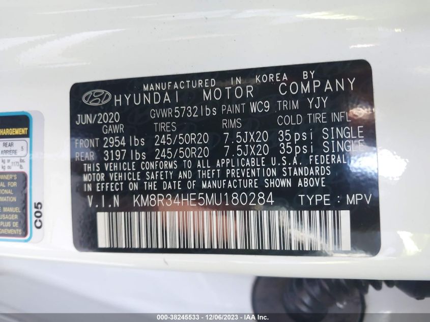 2021 Hyundai Palisade Sel VIN: KM8R34HE5MU180284 Lot: 38245533