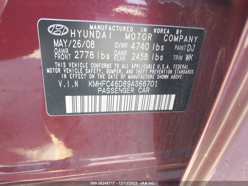 2009 Hyundai Azera Gls VIN: KMHFC46D89A366701 Lot: 38245717