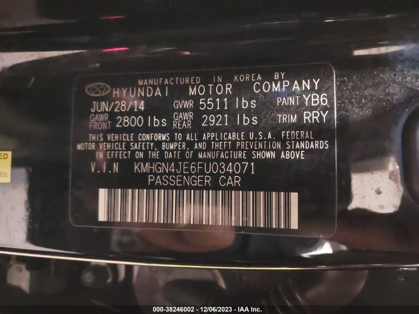 2015 Hyundai Genesis 3.8 VIN: KMHGN4JE6FU034071 Lot: 38246002