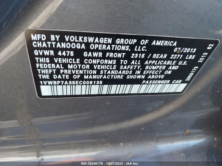 2014 Volkswagen Passat 2.5L Se VIN: 1VWBP7A35EC008135 Lot: 38246176