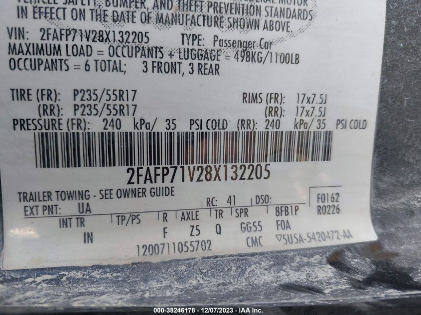 2008 Ford Crown Victoria Police/Police Interceptor VIN: 2FAFP71V28X132205 Lot: 38246178