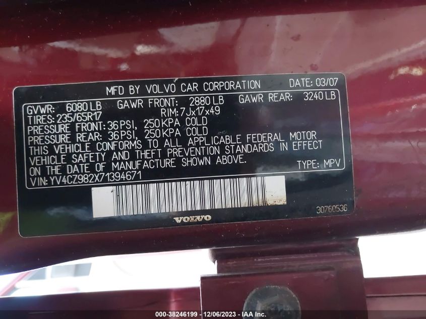 2007 Volvo Xc90 3.2 VIN: YV4CZ982X71394671 Lot: 38246199