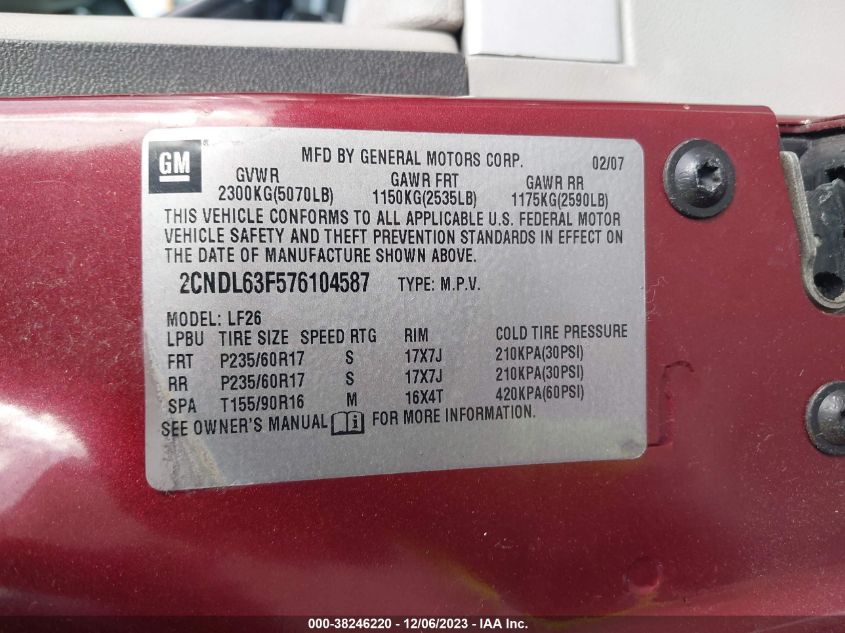 2007 Chevrolet Equinox Lt VIN: 2CNDL63F576104587 Lot: 38246220