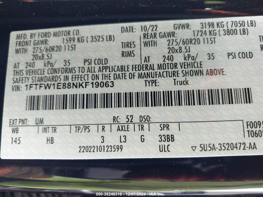 2022 Ford F-150 Lariat VIN: 1FTFW1E88NKF19063 Lot: 38246318