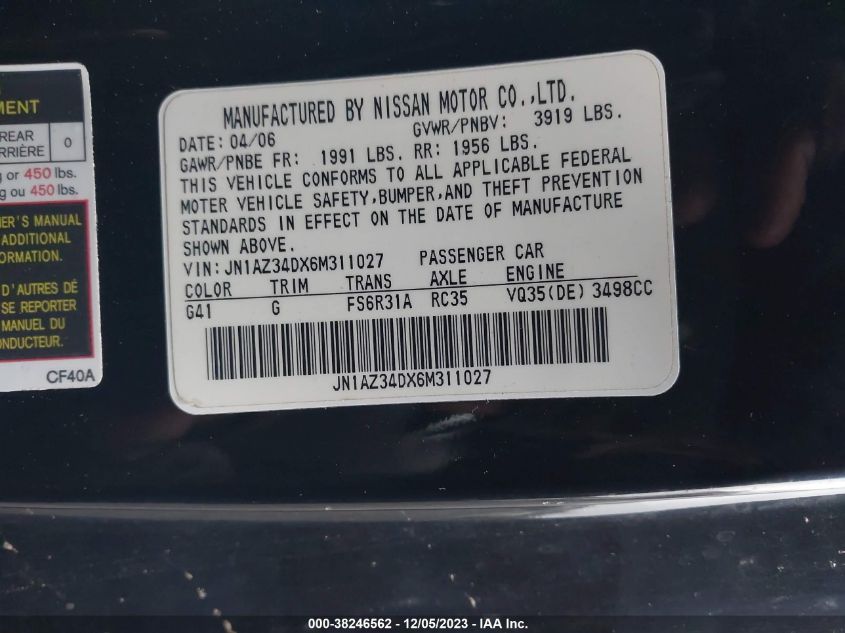 2006 Nissan 350Z VIN: JN1AZ34DX6M311027 Lot: 38246562