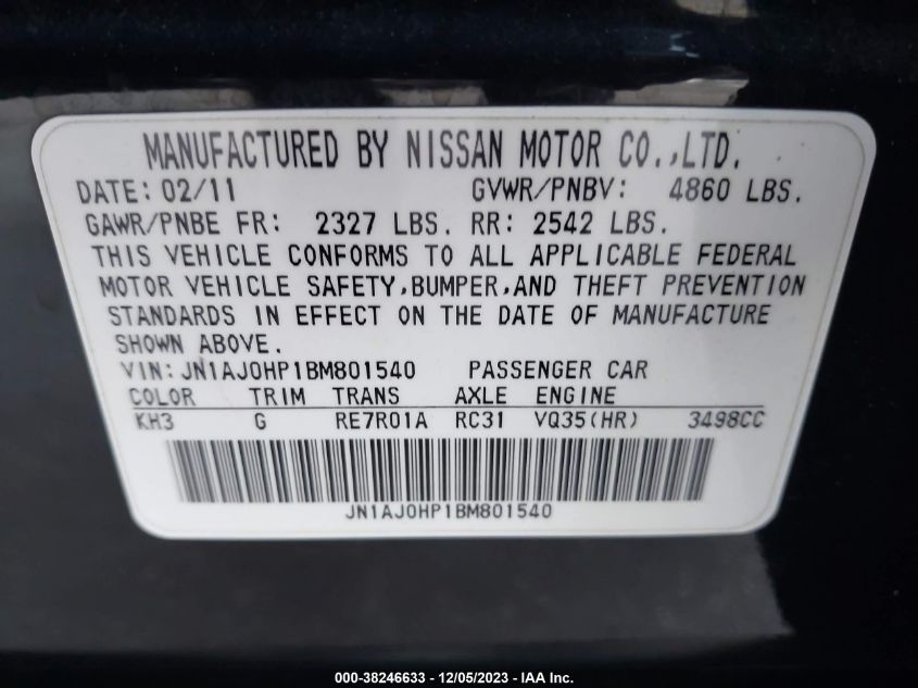 2011 Infiniti Ex35 Journey VIN: JN1AJ0HP1BM801540 Lot: 38246633