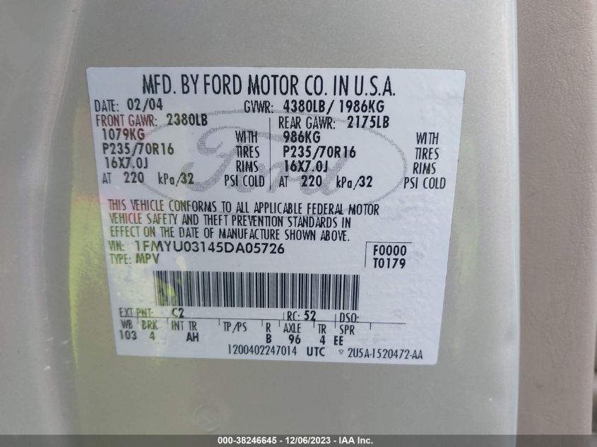 2005 Ford Escape Xlt VIN: 1FMYU03145DA05726 Lot: 38246645