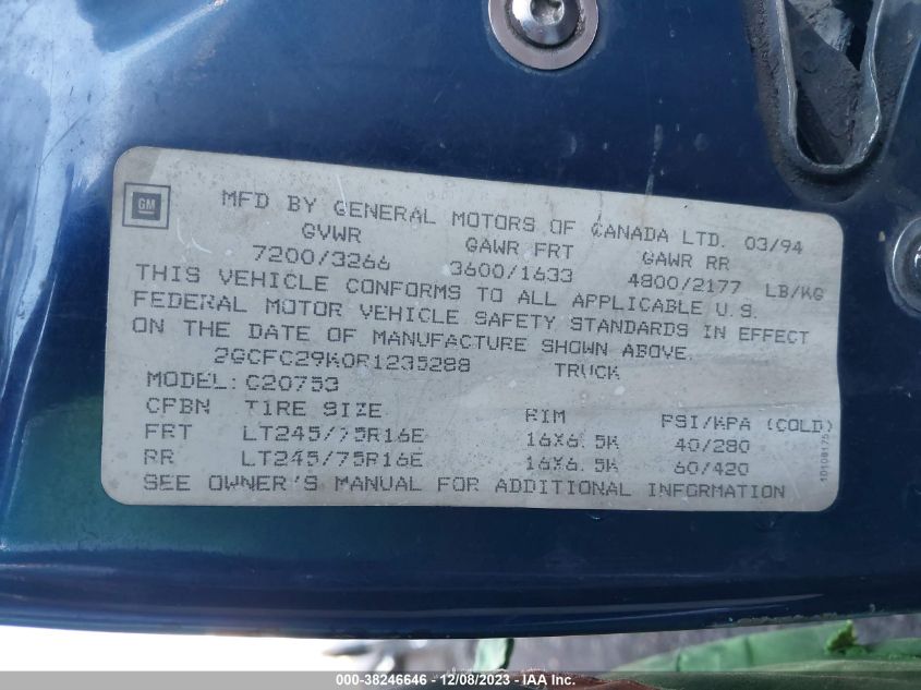 1994 Chevrolet Gmt-400 C2500 VIN: 2GCFC29K0R1235288 Lot: 38246646