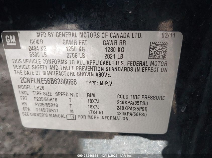 2CNFLNE56B6396668 2011 Chevrolet Equinox 2Lt