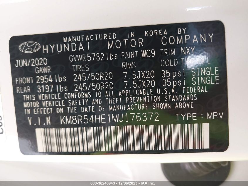 2021 Hyundai Palisade Limited VIN: KM8R54HE1MU176372 Lot: 38246943