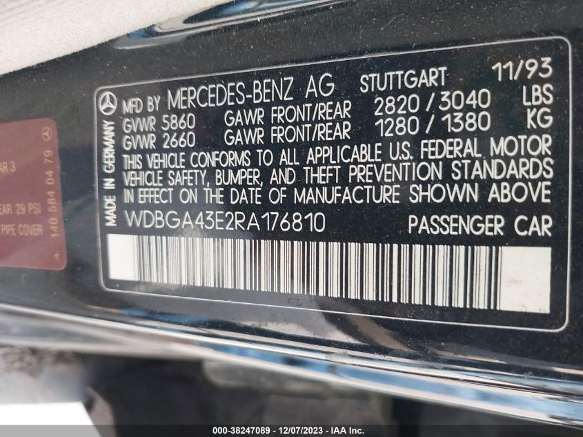 1994 Mercedes-Benz S 420 VIN: WDBGA43E2RA176810 Lot: 38247089