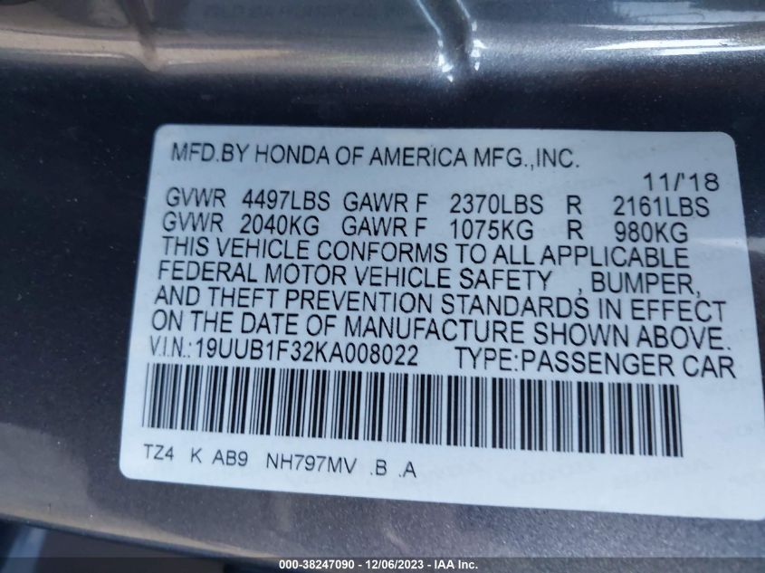 2019 Acura Tlx Standard VIN: 19UUB1F32KA008022 Lot: 38247090